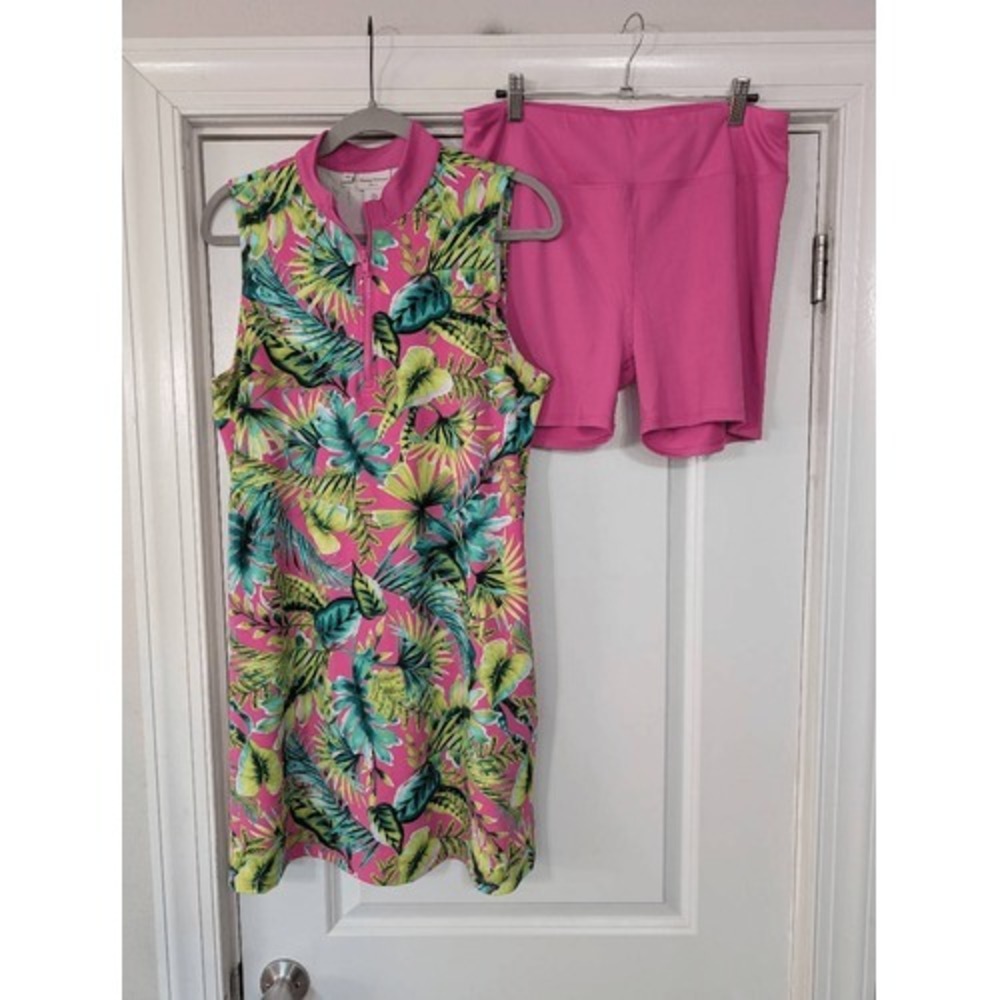 Sleeveless Pink Tropical Print Mini Dress with Pink Shorts